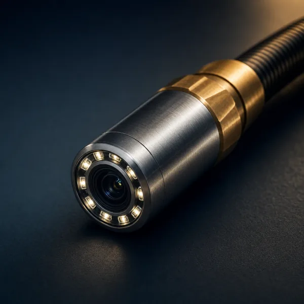 Macro of the HD sewer scope camera head with brass accent lighting