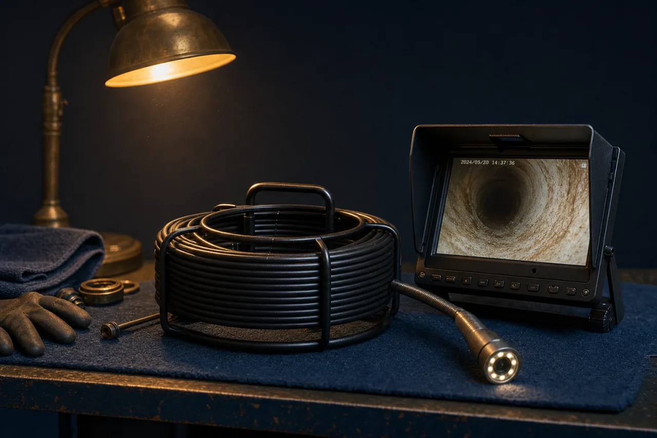HD sewer camera reel and monitor staged on a navy felt surface under brass lamp light