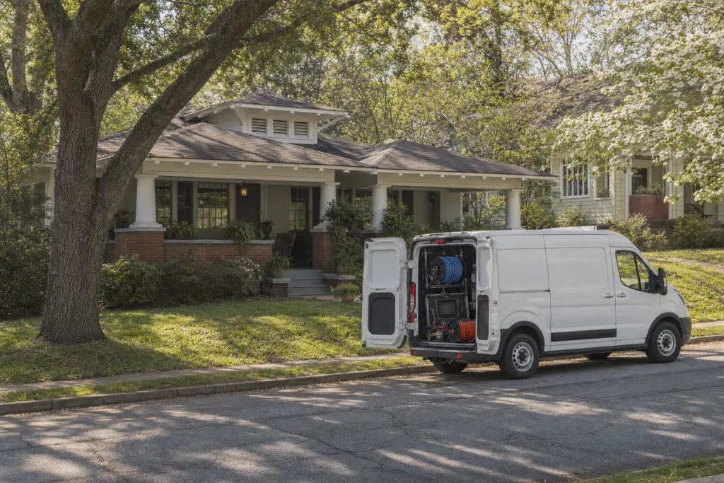 The Drain Detective service van parked outside a Birmingham craftsman bungalow